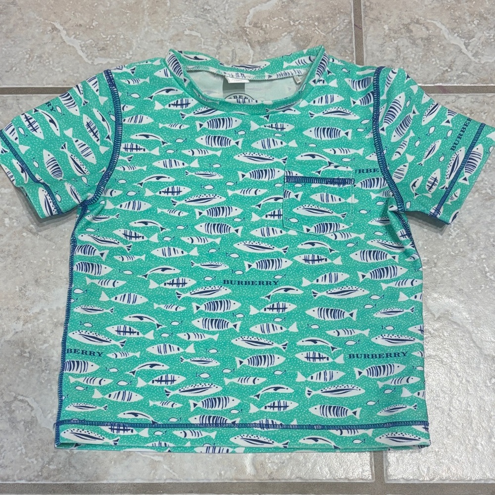 Burberry Teal Fish Pattern Swim Rashguard Boys 12-18 M